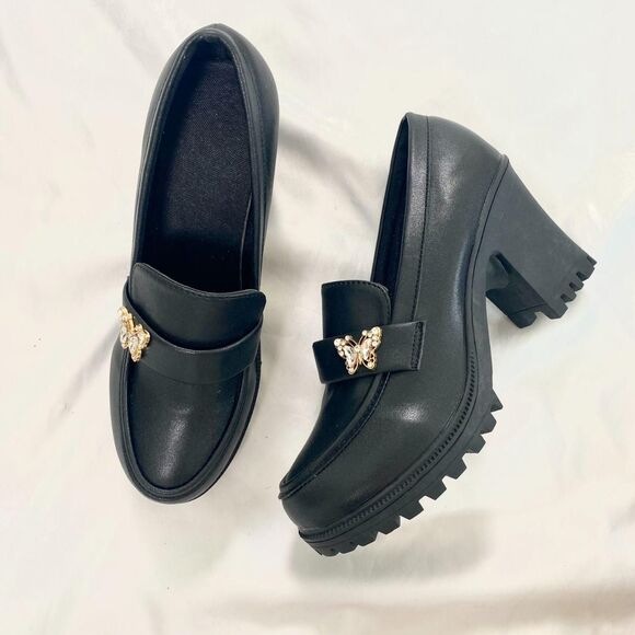 Shoes - NEW Y2K Chunky Black Faux Leather Butterfly Platform Oxford Loafers US 8.5 - 9